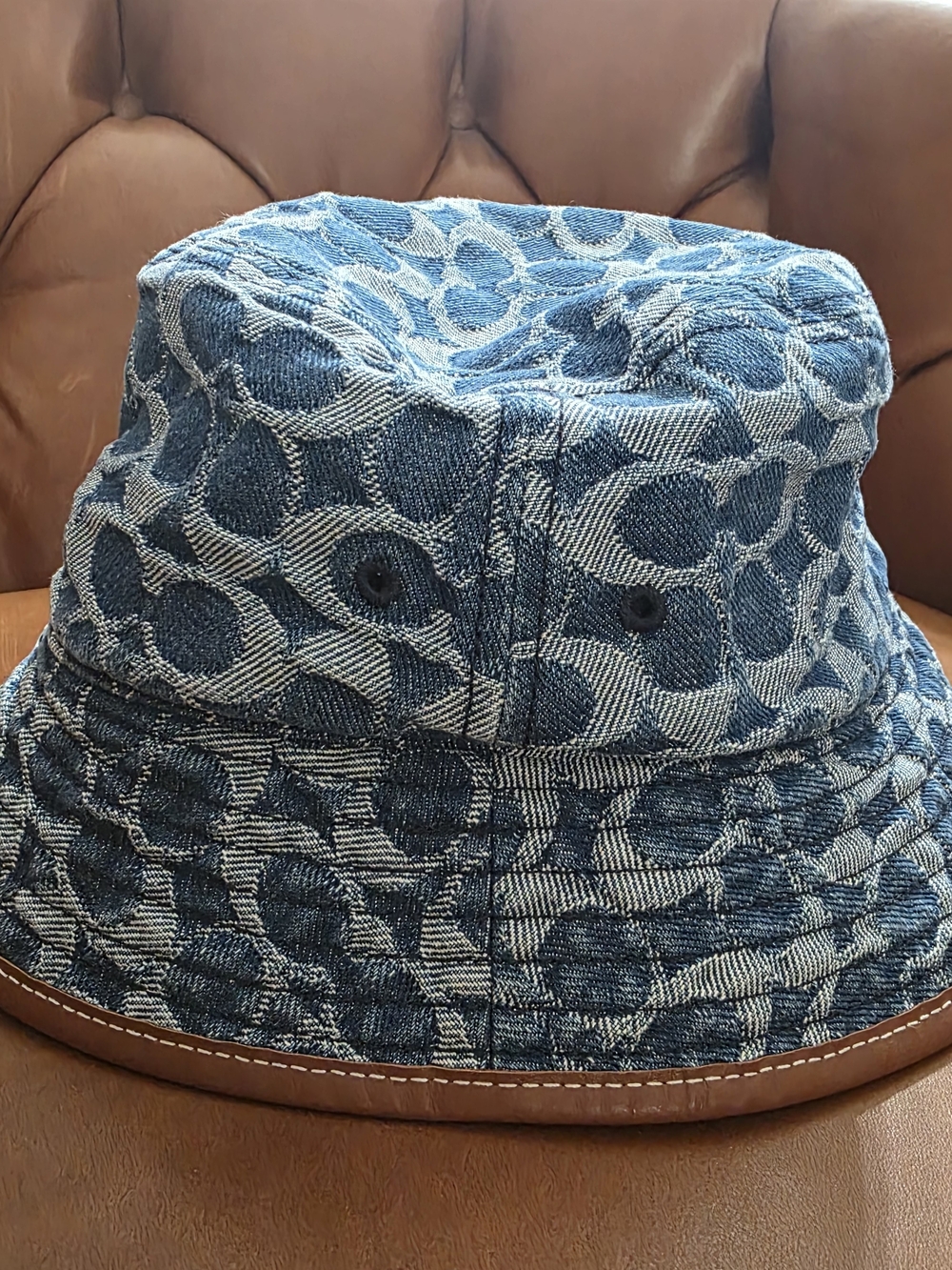 Coach Blue Denim Logo Bucket Hat with Brown Leather Trim